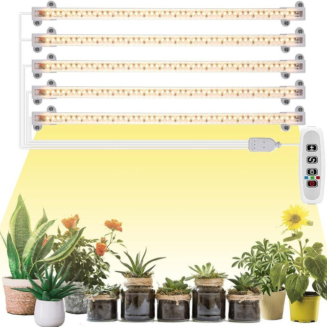 Carzos Grow Light Strip - Full Spectrum LED Grow Lights for Indoor Plants, Auto On/Off Timer, 5 Pack (240 LEDs, 10 Dimmable Levels)
