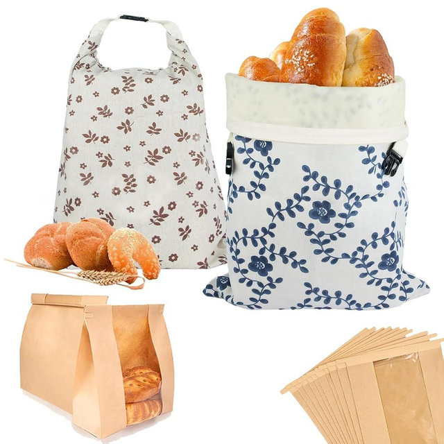 Reusable Bread Bags for Homemade Bread Sourdough, 2 Pack XL Bread Bag with Zipper, 10 Pcs Large Paper Bags with Window, Beeswax-Lined Cotton Storage Bags to Keep Fresh, Freezer Safe Eco-Friendly