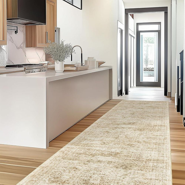 Restydon Kitchen Runner Rugs Non Skid Washable - 2.5 x 10 Runner Rug with Anti Slip Backing, Ultra-Thin Soft Rug Runner for Hallway, Bedroom, Living Room (2'x10', Beige/Ivory)