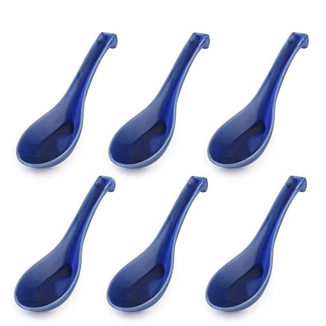 Hinomaru Collection Japanese Made Porcelain Spoon 6 Pieces Pack Soup Spoon 6 Inches Length Wonton Soba Rice Pho Ramen Noodle Soup Spoons for Home Kitchen or Restaurant Supply (Blue)