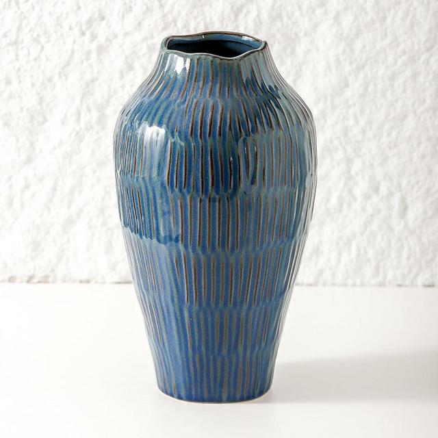 Blue Ceramic Vase for Home Decor,11.6 Inch Flower Vase，Decorative Blue Vase for Pampas Grass，Modern Art Texture Vase for Home Entryway Living Room Dining Table Farmhouse Office Decor-Blue