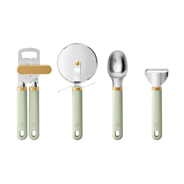 Beautiful 4-Piece Essentials Gadget Set, Sage Green, Soft Grip Handles, Kitchen Tools Set, Peeler, Ice Cream Scoop, Can Opener, Pizza Cutter, Durable Stainless Steel Blades, Non-Slip, Dishwasher Safe