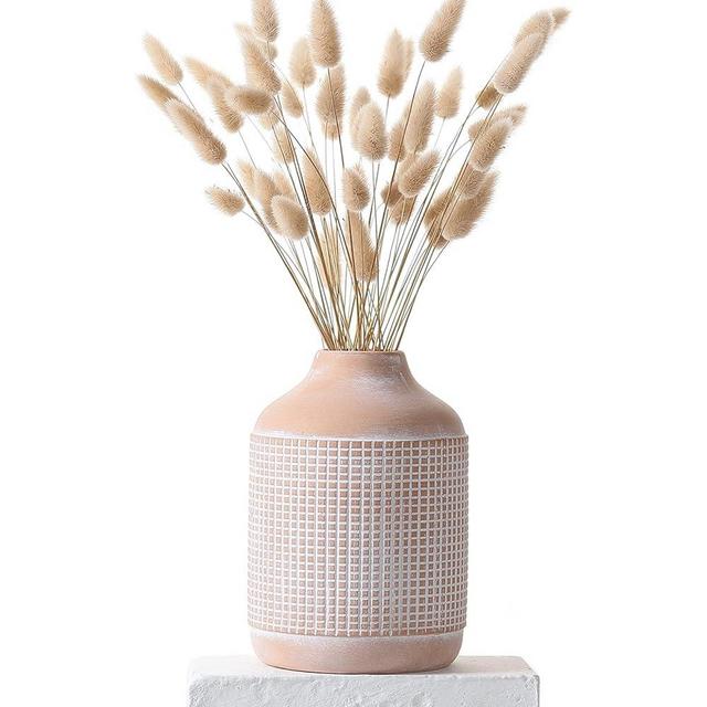 Ceramic Rustic Farmhouse Vase, Terracotta Finish Boho Vase Pottery Decorative Flower Vase for Table, Living Room,Shelf, Kitchen, Home Decor 7.4 Inch (Terracotta & Beige)