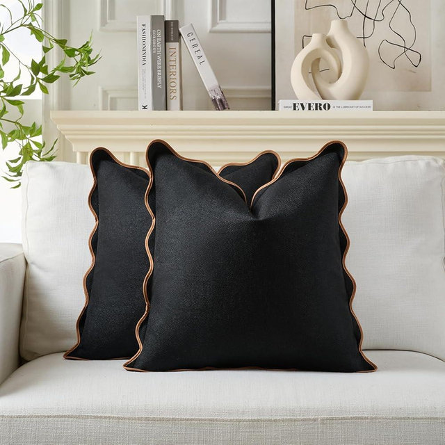 Mayler Yee Scalloped Throw Pillow Covers | Decorative Pillow, Fabric Feels a Little Stiff | Boho Sytle for Living Room (Black & Brown, 18x18 Inch)