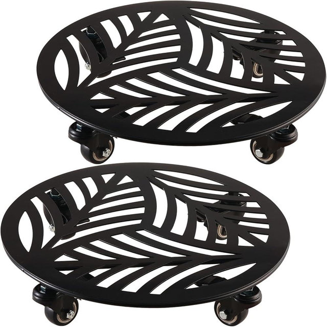 2 Packs Metal Plant Caddy with Wheels 13” Heavy-Duty Wrought Iron Rolling Plant Stands with Casters Indoor and Outdoor Plant Pot Roller Base Plant Saucer Movers Black, Strong Load Capacity