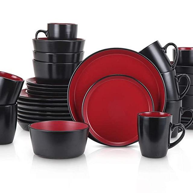 Stone Lain Stoneware Dinnerware Set, Service For 8, Red and Black