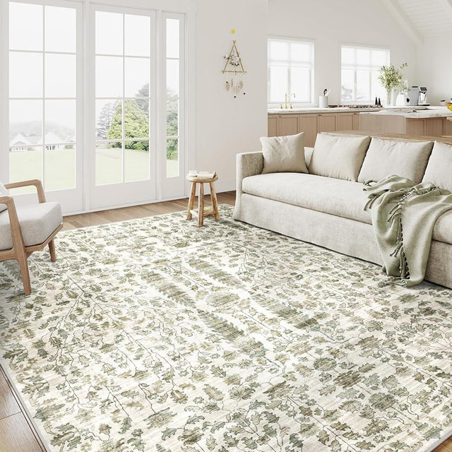 WondRg 8x10 Washable Neutral Area Rug Green Living Room Bedroom Large Chenille Carpet Non-Slip Low Pile Floral Botanical Nature Ultra-Thin Throw Rug for Dining Room Kitchen Indoor Nursery