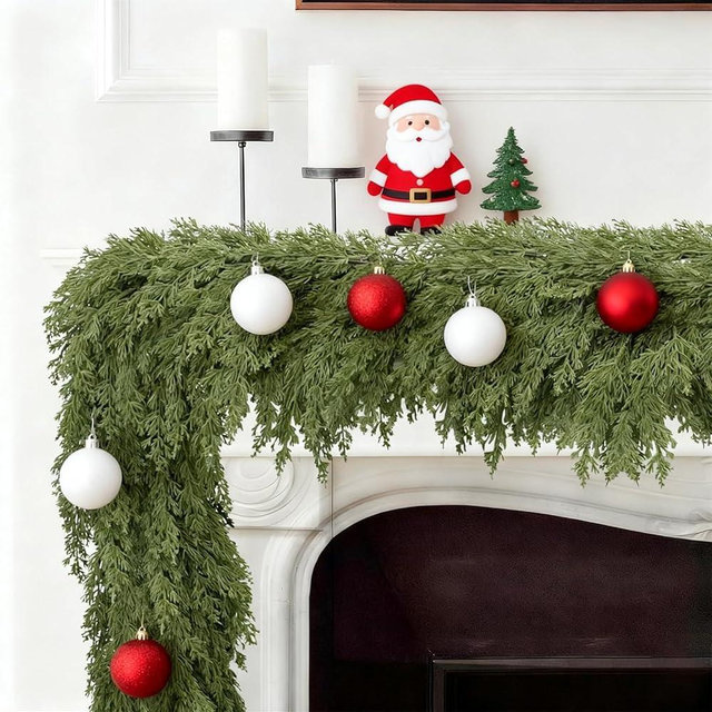 6FT Christmas Garland, Artificial Pine Needle Cypress Garlands, Realistic Pine Cypress for Decoration Christmas Table Mantle Wall Room Outdoor Indoor Holiday Winter Decor