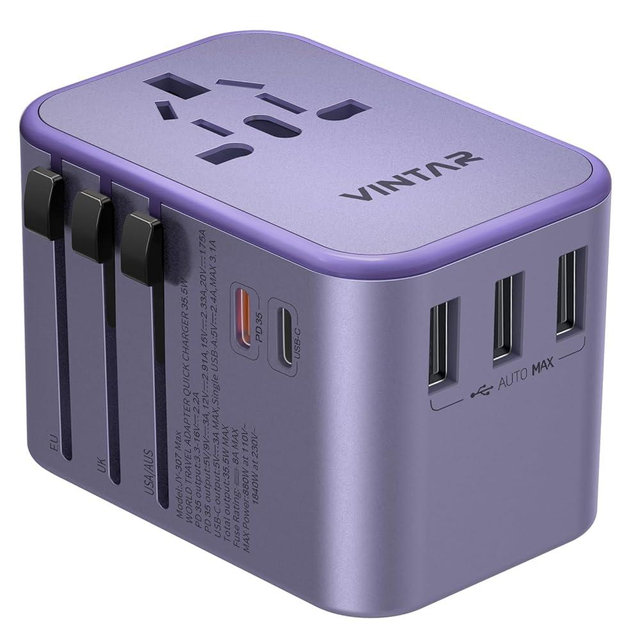 Universal Travel Adapter, VINTAR 35.5W International Power Adapter with 3 USB A QC and 2 USB C PD, All in One Plug Adapter Worldwide Travel Essentials for EU/UK/USA/AUS(Type C/G/A/I), Purple