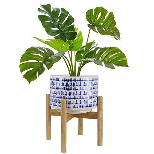 Large Ceramic Plant Pot with Stand - 9.4 Inch Modern Cylinder Indoor Planter with Drainage Hole for Snake Plants, Fiddle Fig Tree, Artificial Plants, Blue & White