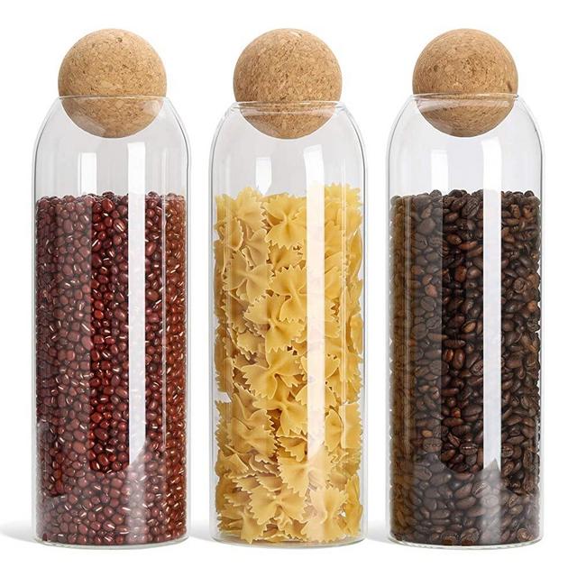 ComSaf Glass Food Storage Canister with Airtight Cork Lid (42oz/1240ml), Clear Food Storage Jar Container with Seal Cork Round Stopper for Kitchen Pantry Serving Tea Coffee Sugar Flour Spices