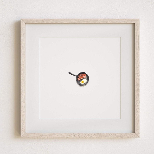 Miniature Bacon and Eggs Breakfast Skillet Painting Print in Watercolor