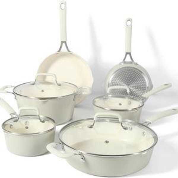 Martha Stewart Heathland Premium Nonstick PFA Free Ceramic Interior 10-Piece Tapered Aluminum Cookware Set - Linen White