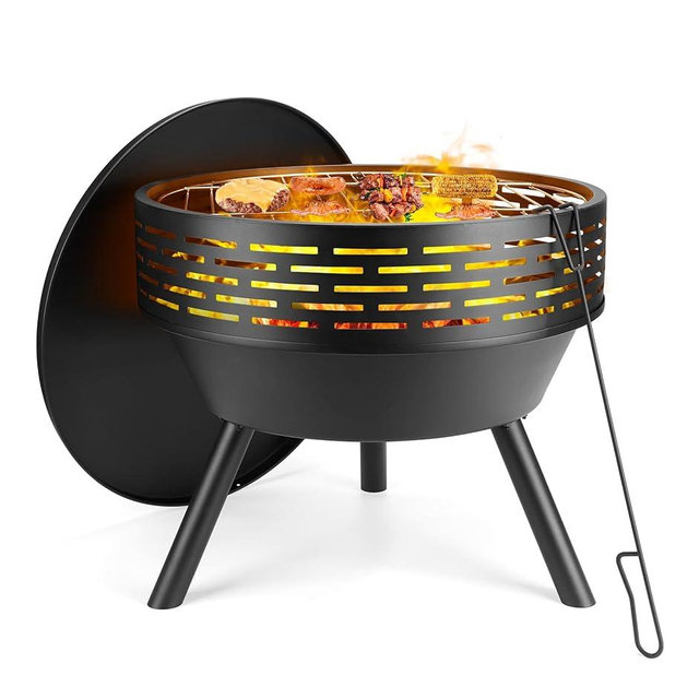 PWSOMJ 23 Inch Cast Iron Round Fire Pit with Grill, 3-in-1 Outdoor Fire Bowl, Fire Pit Table with Metal Lid and Fire Poker, Wood Burning Firepit for BBQ Bonfire Patio Picnic