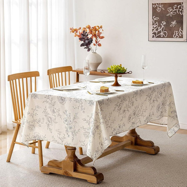 Floral Linen 55 x 120 inch Oval Table Cloth Wrinkle Resistant Vintage Farmhouse Long Tablecloth Gray Pattern Printed on Cream Tablecloth Rectangle Cottage Burlap Fabric Table Cover Home Decor Holiday