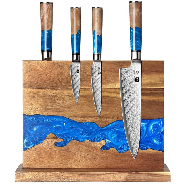 Dnifo Magnetic Knife Holder Block,Magnet Storage Knife Holder with Acacia Wood and Blue Resin,Double Sided Magnetic & Non-Slip Pad Wooden Magnetic Knife Holder (12 x 10 Inches, Without Knives)