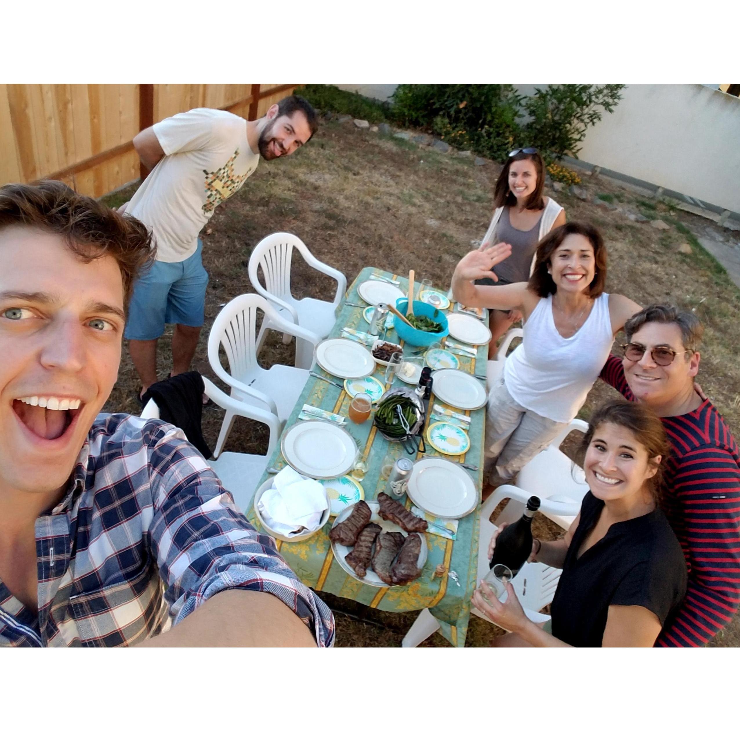 The first dinner party we hosted in San Diego. Lots more have followed. It is an unimprovable combination - grilled meat, ample wine, and family and friends.