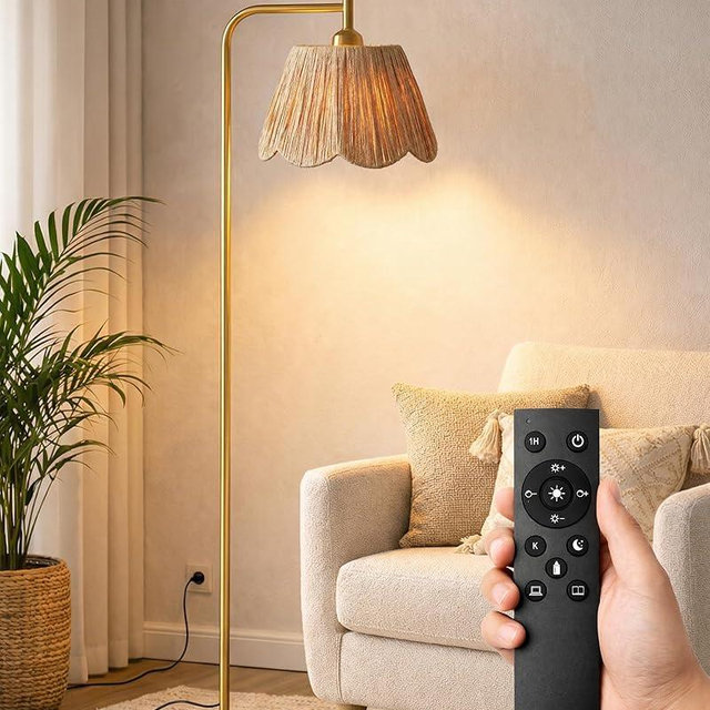 JOOFO Boho Floor Lamp with Remote & Foot Switch, Brushed Gold Standing Lamp with Flower-Inspired Textured Shade, Stepless Dimmable Tall Lamp for Living Room Bedroom Reading (Bulb Included)