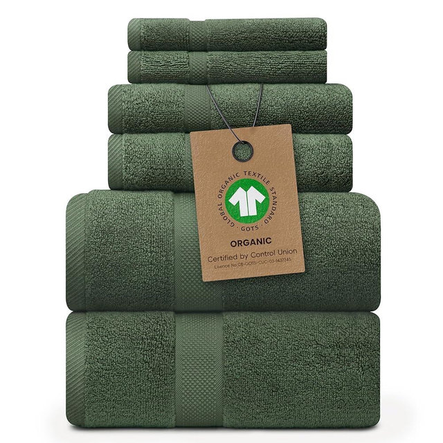 Alusa Home 100% Organic Zero-Twist Cotton Towels - GOTS Certified Luxury Bath Towels - Ultra Soft & Plush 700GSM Long-Staple Cotton - 6 Piece Towel Set (Hunter Green)