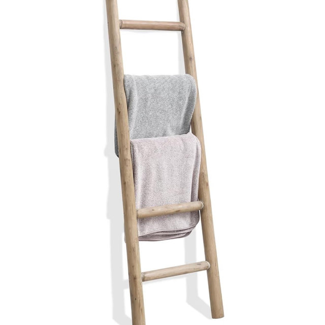 FUIN 57in Wood Blanket Ladder Living Room Decorative Wall Leaning Farmhouse Quilt Display Holder Rustic Wooden Towel Rack for Bathroom, Brown