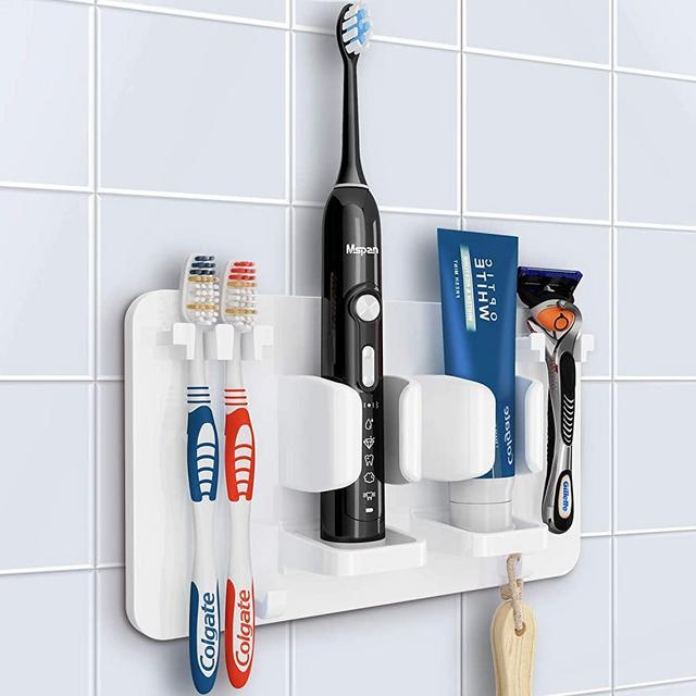 Mspan Toothbrush Razor Holder for Shower: Wall Mounted Adhesive Hanging Electric Toothbrush Organizer Stand for Bathroom, White