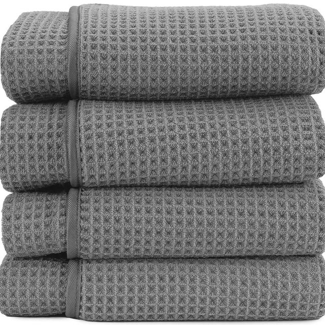 S&T INC. Aura Microfiber Waffle Bath Towels, 4 Pack, Quick-Dry, Ultra Absorbent, Lightweight Towels for Bathroom, 30 inches x 60 inches, 420GSM, Grey