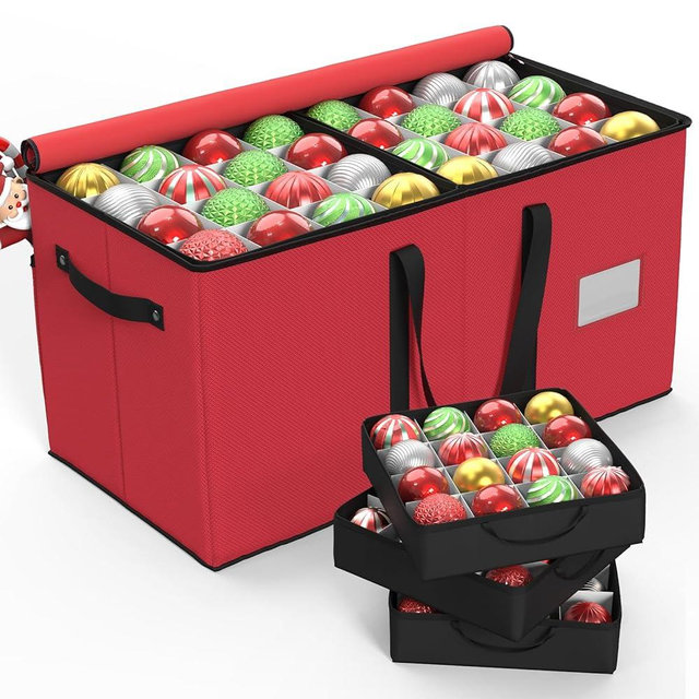 Patiobay Christmas Ornament Storage Box With 8 Trays - Stores Up to 128 Holiday Ornaments, Christmas Storage Container with Side Pocket, Adjustable Dividers, Card Slot, Tear-Proof Fabric - Red
