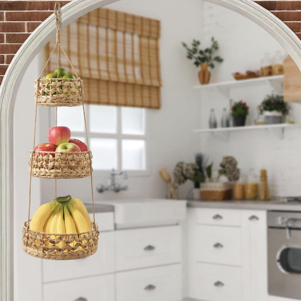 Casafield 3-Tier Hanging Fruit Basket Set, Natural Water Hyacinth Boho Storage Baskets for Vegetables, Herbs, Plants, Kitchen Pantry Storage Organizer