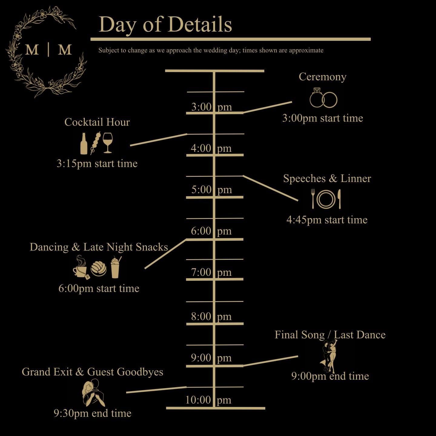 Subject to change as we approach the wedding day; times shown are approximate