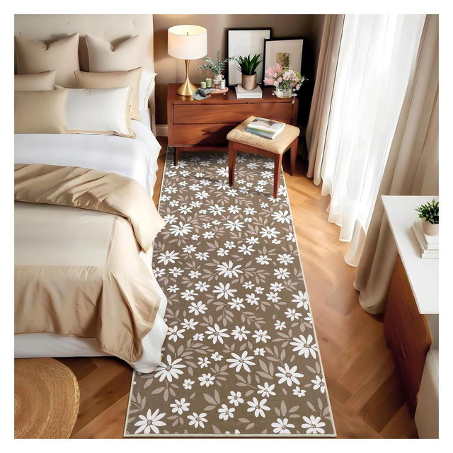 2'x6' Brown Washable Runner Rug, Modern Small Floral Pattern Area Rug with Non-Slip Backing Stain Resistant Indoor Carpet Low Pile Floor Cover
