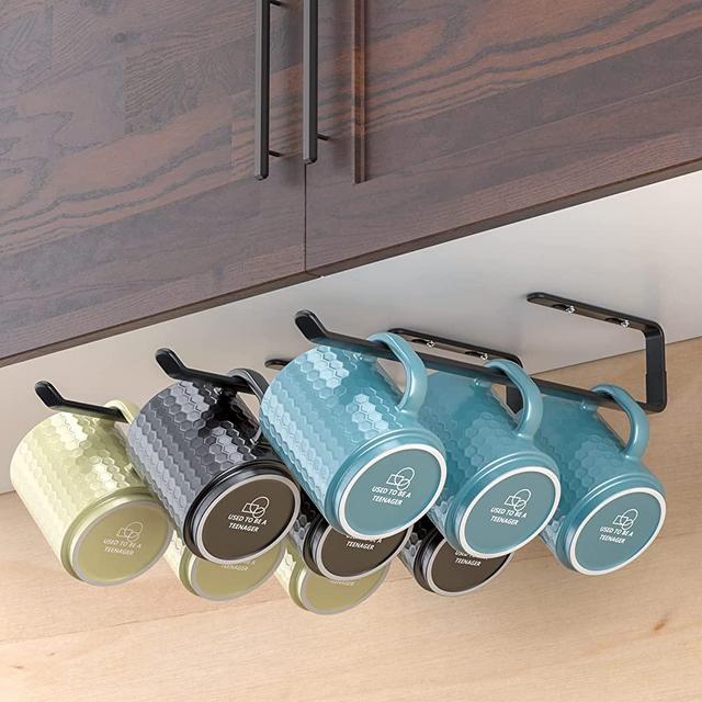 Amazer Coffee Mug Holder Under Cabinet 3 Pack, Metal Sturdy Coffee Mug Rack Under Shelf Organizer, Display Hanging Coffee Cup Storage Hooks for Bar Kitchen Utensils /Wine Glasses/ Tea Cup, Black