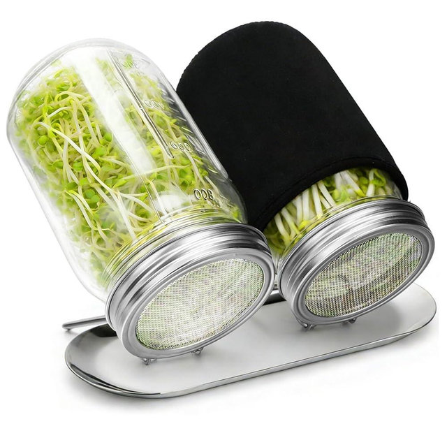 Palksky Sprouting Kit with Stainless Steel Screen Sprouting Lids & Glass Mason Jars & Light-Blocking Sleeves, 2Pack Premium Reusable Sprouts Growing Kit for Organic Broccoli Alfalfa Seeds Bean Sprouts