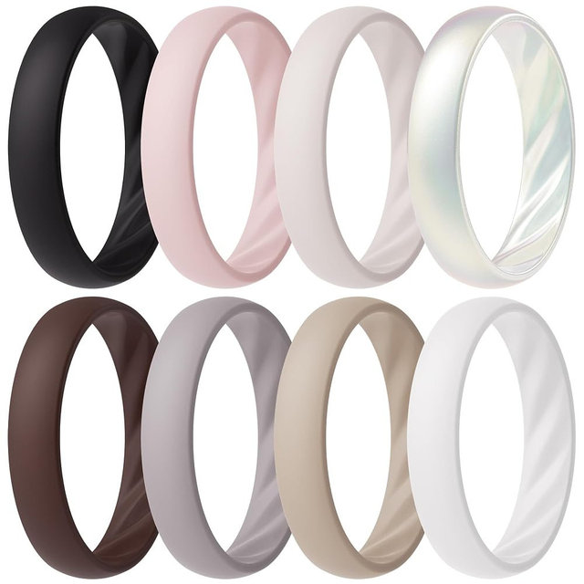 ThunderFit Silicone Rings for Her, Elegant Wavy Grooves, 4mm Wide, 1.6mm Thick, Breathable, Women's Wedding Bands Engagement Rings, 8-Pack