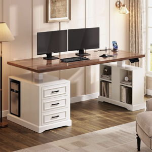 Farmhouse Electric Standing Desk, 63" Height Adjustable Computer Desk With 3 Drawers - White