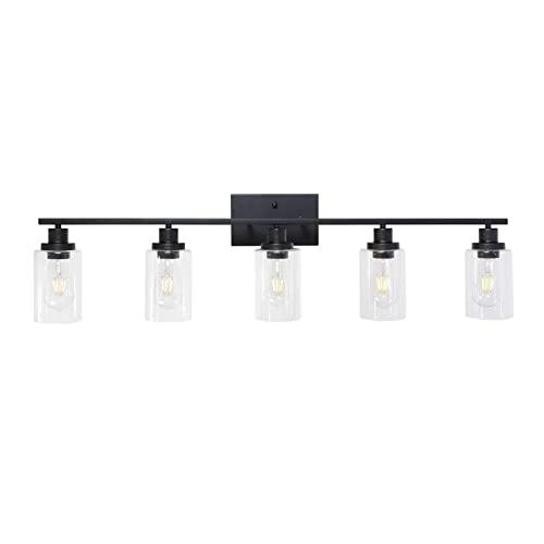 MELUCEE 40 Inches Length 5-Light Bathroom Vanity Light Fixtures Black Industrial Wall Sconce Lighting with Clear Glass Shade for Living Room Bedroom Hallway Kitchen