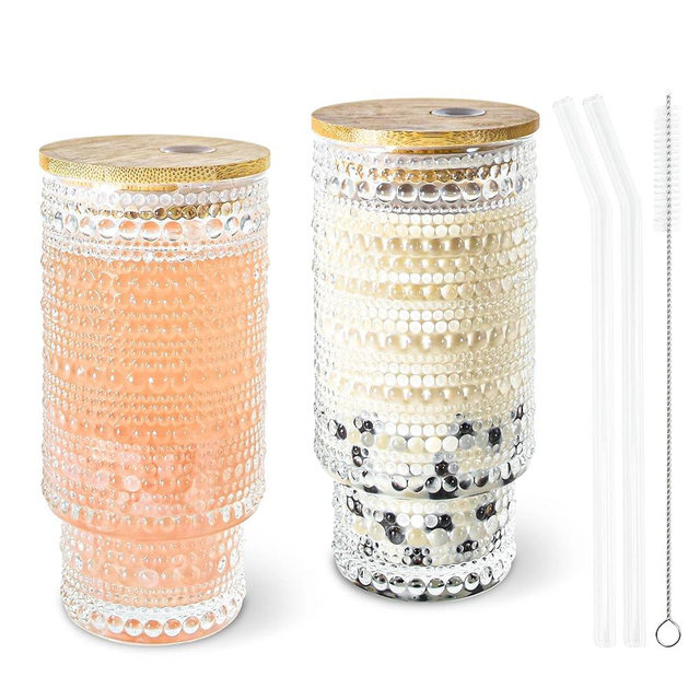 Icesip 2 Pcs 16 oz Glasses Cups Set with Bamboo Lids Straws Brush Hobnail Glassware Set for Juice Iced Coffee Beer and Cocktail Whiskey(Hobnail*2)