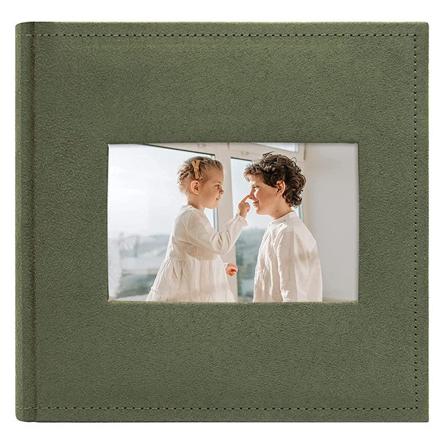 Golden State Art, Photo Album Hold 200 4x6 Horizontal Pictures with Memo for Christmas, Vacation, Memories, Weddings, Holidays(2 Per Page, Large Front Photo Display,Suede Cover - Green)