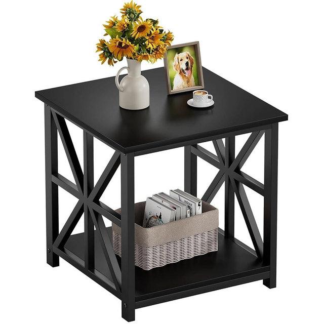 GreenForest End Table with 2-Tier Storage Shelf, 24 inch Large Side Table for Living Room, Modern Nightstand for Bedroom Bedside Office Farmhouse, Black