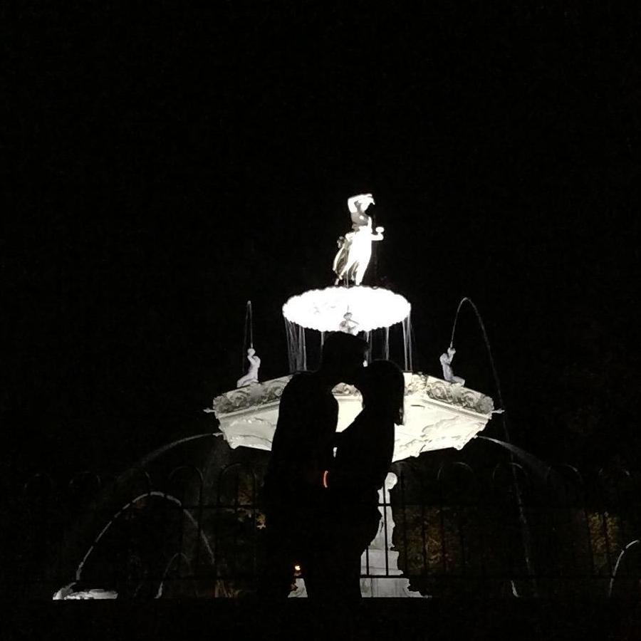 Malone and Jeremy in front of the fountain Jeremy wouldn't swim in, Summer 2017