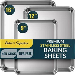 Baker’s Signature Stainless Steel Cookie Sheet Pan, Stainless Steel Baking Sheet Set of 3, Mirror Finish, Non-Stick, Rust Resistant, BPA Free, Dishwasher Safe, 9/12/16 Inch