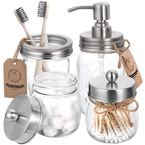 Mason Jar Bathroom Accessories Set 4 Pcs - Mason Jar Soap Dispenser & 2 Apothecary Jars & Toothbrush Holder - Rustic Farmhouse Decor Bathroom Countertop, Vanity Organize, Brushed Nickel