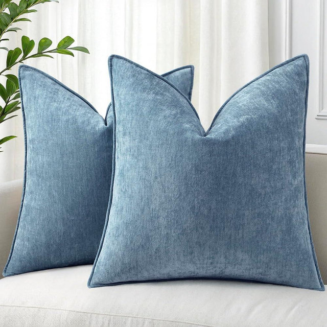 decorUhome Summer Couch Euro Sham Throw Pillow Covers 24x24 Set of 2, Decorative Soft Velvet Modern Cozy Chenille Pillow Cases with Elegant Design for Sofa Bed Living Room Home Decor, Blue Grey