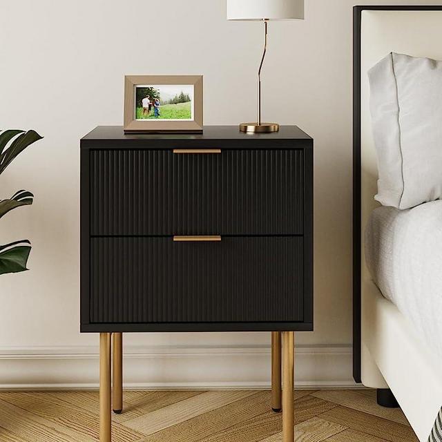 Aobafuir Nightstand, 2 Drawer Dresser for Bedroom, Small Side Table with 2 Drawers, Bedside Furniture, Night Stand, End Table with Gold Frame for Bedroom,Living Room,Black