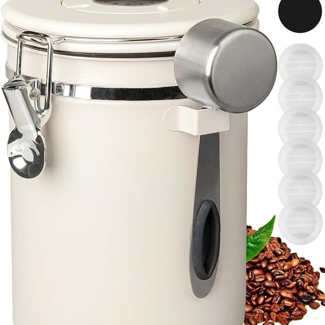INFTYLE Coffee Canister with Airtight Lid, 22oz, 60 fl oz White, Stainless Steel Air Tight Lid Container with Date Tracker and Scoop Food Storage Jar for Grounds Coffee, Beans, Flour, Cereal (White)