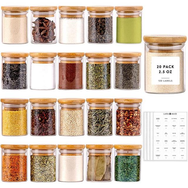 Laramaid 2.5oz 20Pack Spice Jars with Black Vinyl Spice Labels, Round Jars with Black Bamboo Lids, Minimalist Premium Labels, Adjustable Measuring