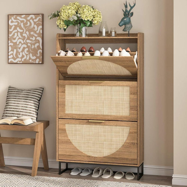 Maupvit Rattan Shoe Storage Cabinet with 3 Flip Drawers, Freestanding Shoe Organizer with Metal Legs for Entryway, Hidden Golden Handles, Narrow Shoe Rack Cabinet, Rustic Oak Rattan