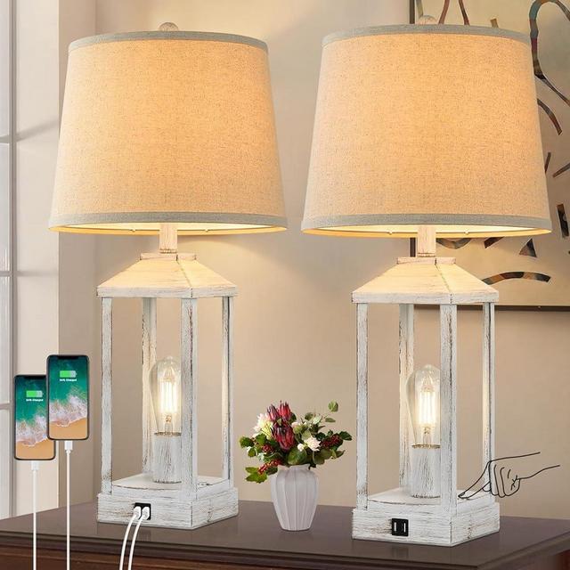 27.5" Farmhouse Table Lamps Set of 2 with USB Ports, 2 Light 3-Way Dimmable Touch Control Nightstand Lamp, Modern Desk Lamps for Living Room, Bedroom, Home, Office, 2 Bulbs Included, White