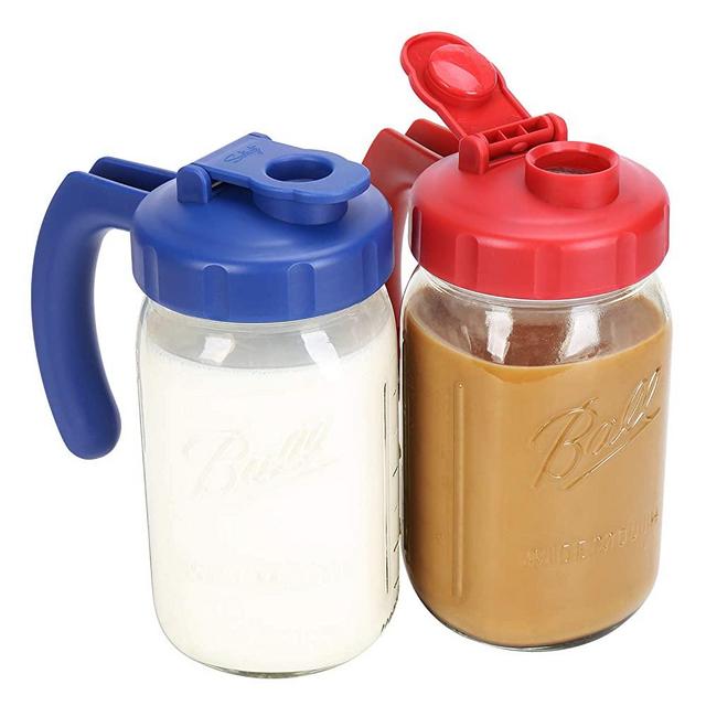 2 Pack Wide Mouth Mason Jar Lids with Handle, Airtight & Leak-proof Seal, Easy Pouring Spout, Turns your Mason Jar into Pitcher