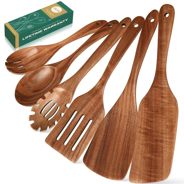 AIUHI Wooden Spoons for Cooking, 6Piece Wooden Cooking Utensils, Nonstick Kitchen Wooden Spatulas, Durbale & Sturdy, Heat Resistant, Comfortable Grip