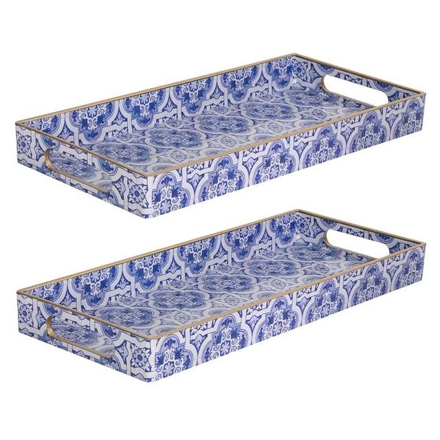 MAONAME Blue Vanity Tray Set of 2, Plastic Decorative Tray with Handles, Moroccan Bathroom Tray for Toilet Tank, Sink Counter, 13.8" X 6" X 1.57"